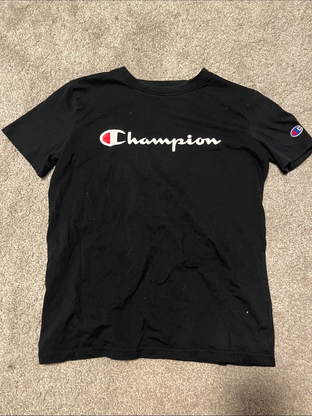 Champion Black Tee with White Script and Red Accent